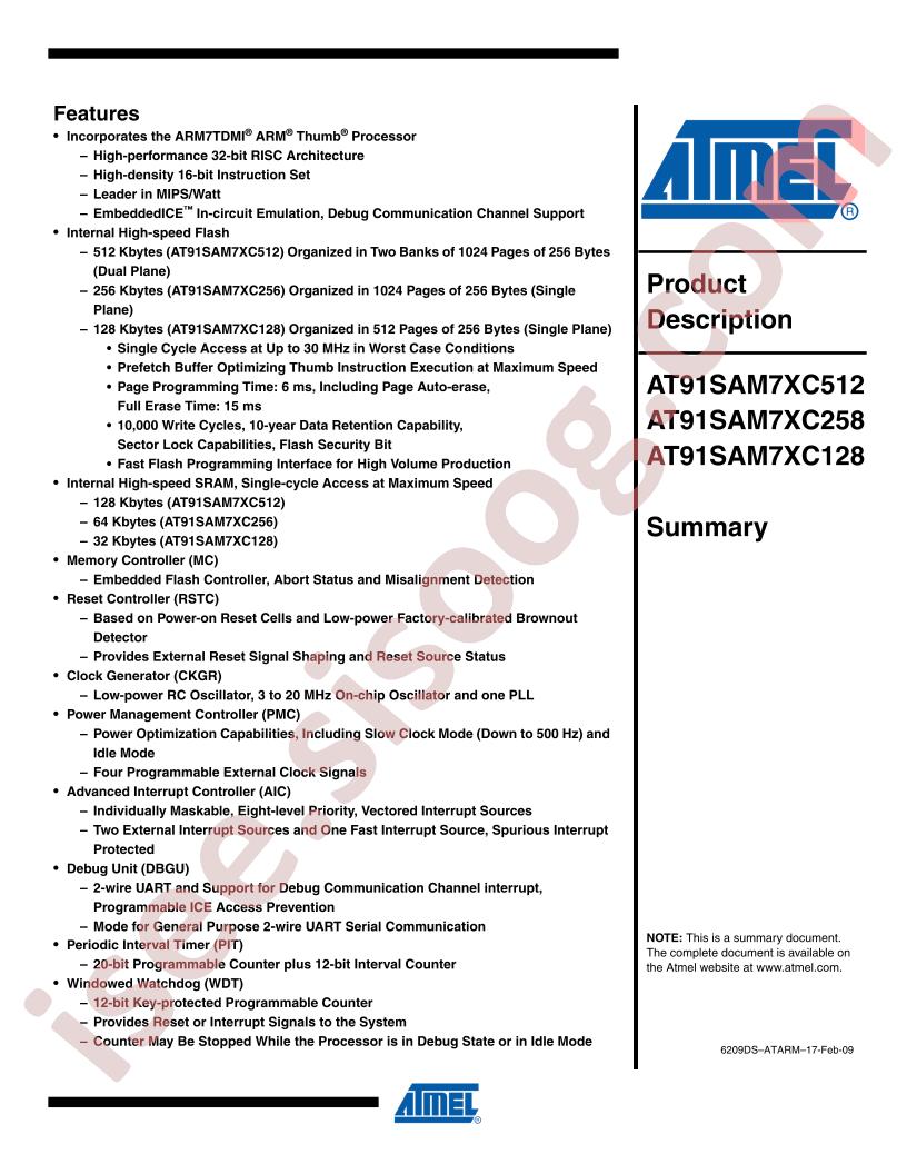 AT91SAM7XC128/256/512 Summary
