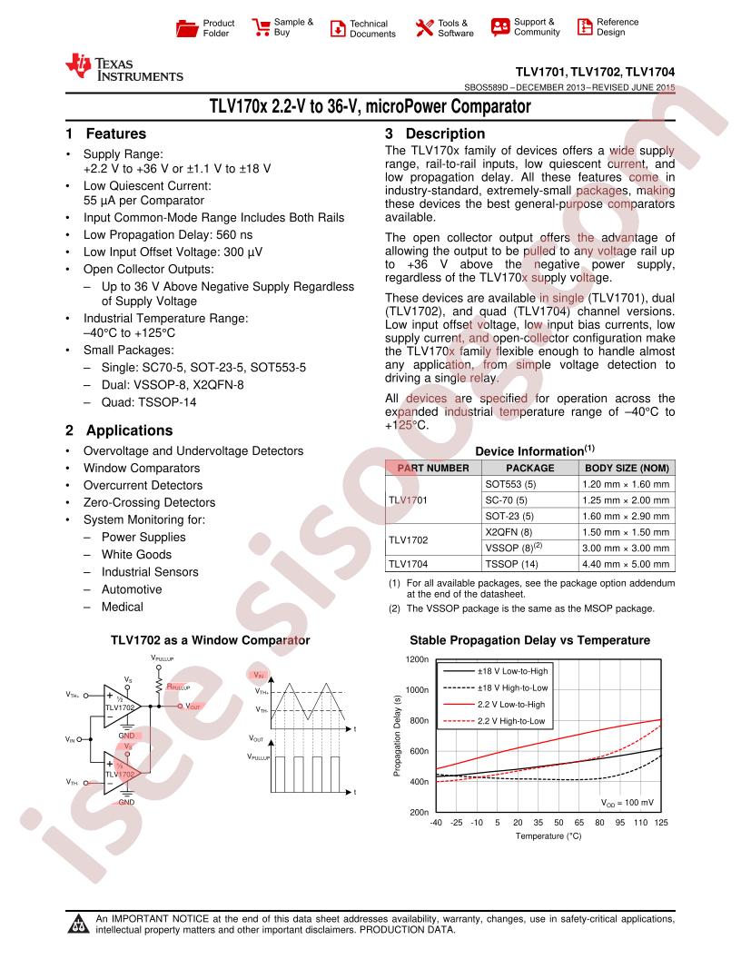 TLV1701, 02, 04 Datasheet