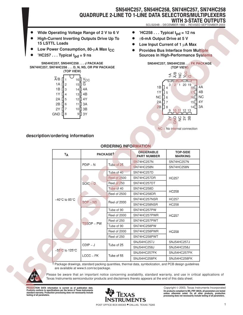 SN54HC257-58, SN74HC257-58