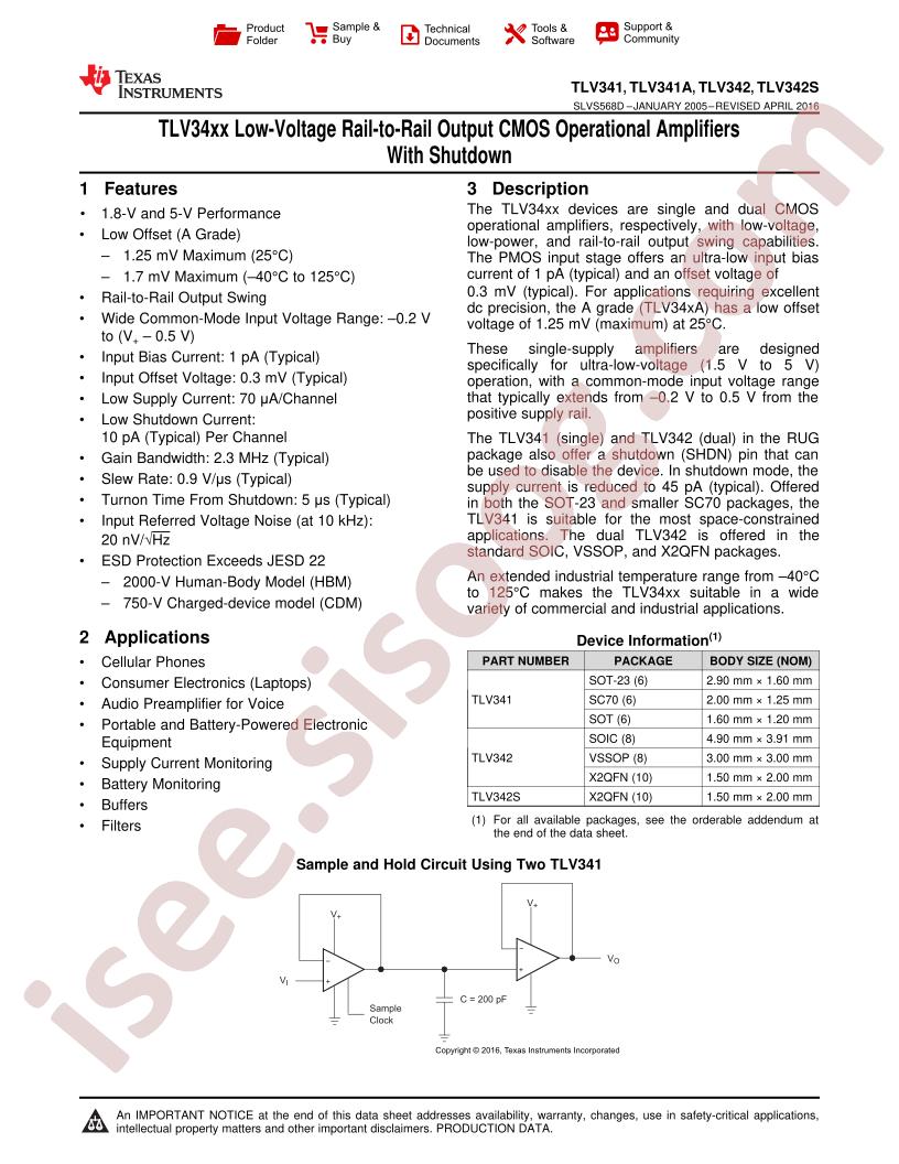 TLV341(A), TLV342(S) Datasheet