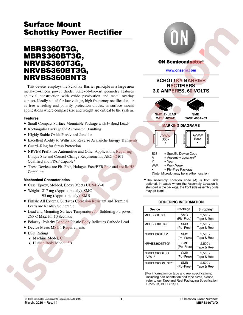 MBRS360(B)T3G, NRVBS360(B)T3G