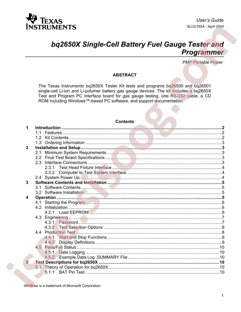 BQ2650x Tester/Programmer Guide