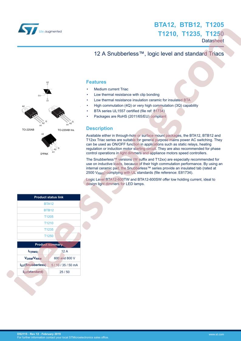 BTA12, BTB12, T12xx Datasheet