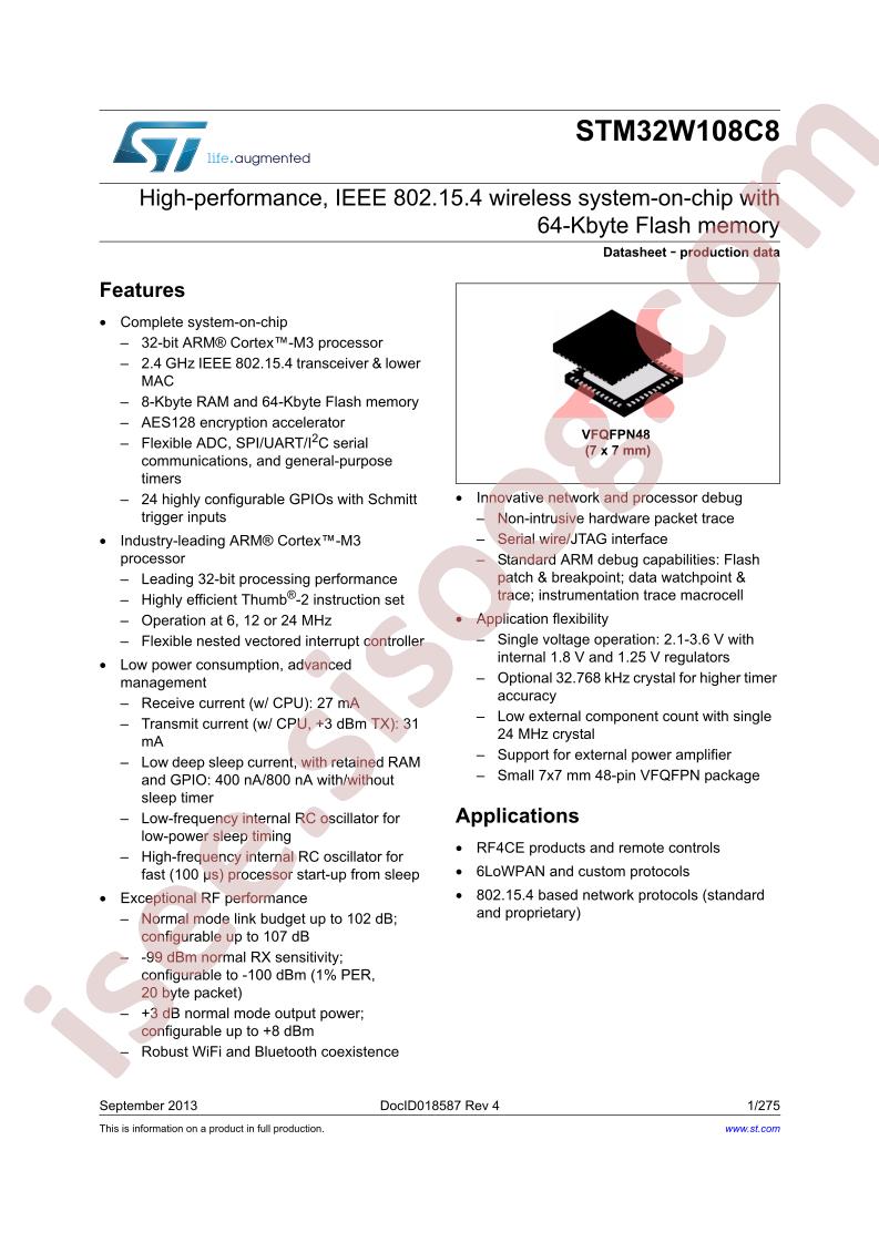 STM32W108C8 Datasheet