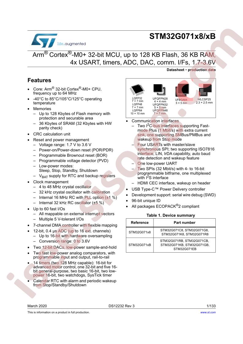 STM32G071x8, STM32G071xB, STM32L071xZ