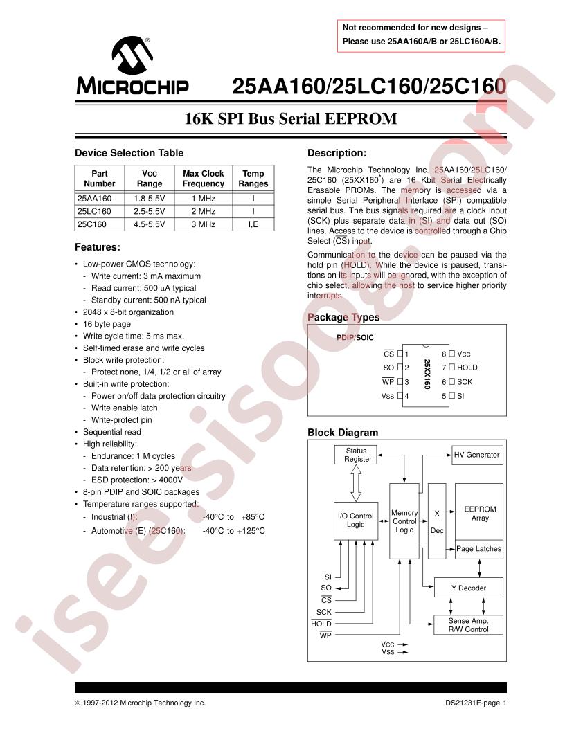 25AA160, 25C160, 25LC160