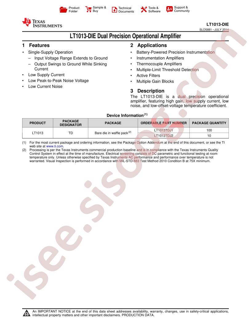 LT1013TDJ1 Datasheet