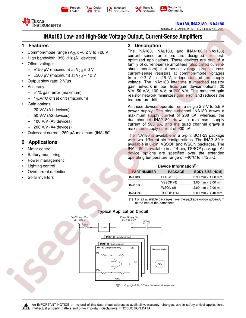 INA180, 2180, 4180 Datasheet