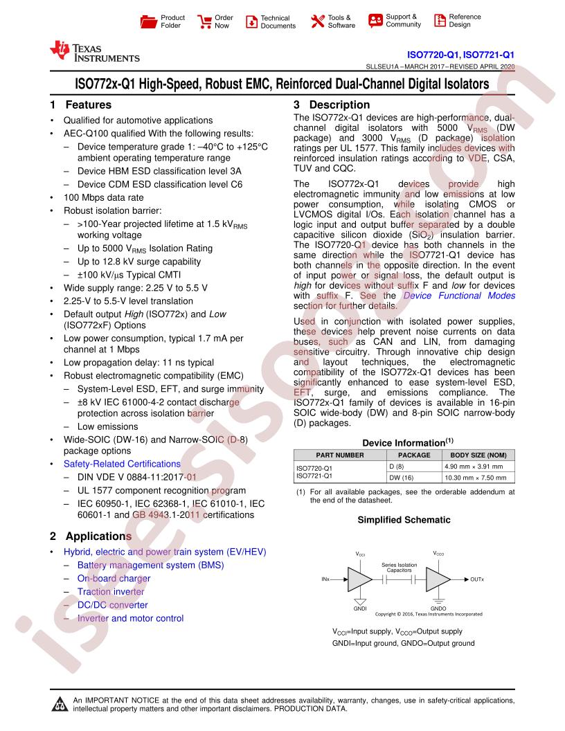 ISO7720-Q1, ISO7721-Q1