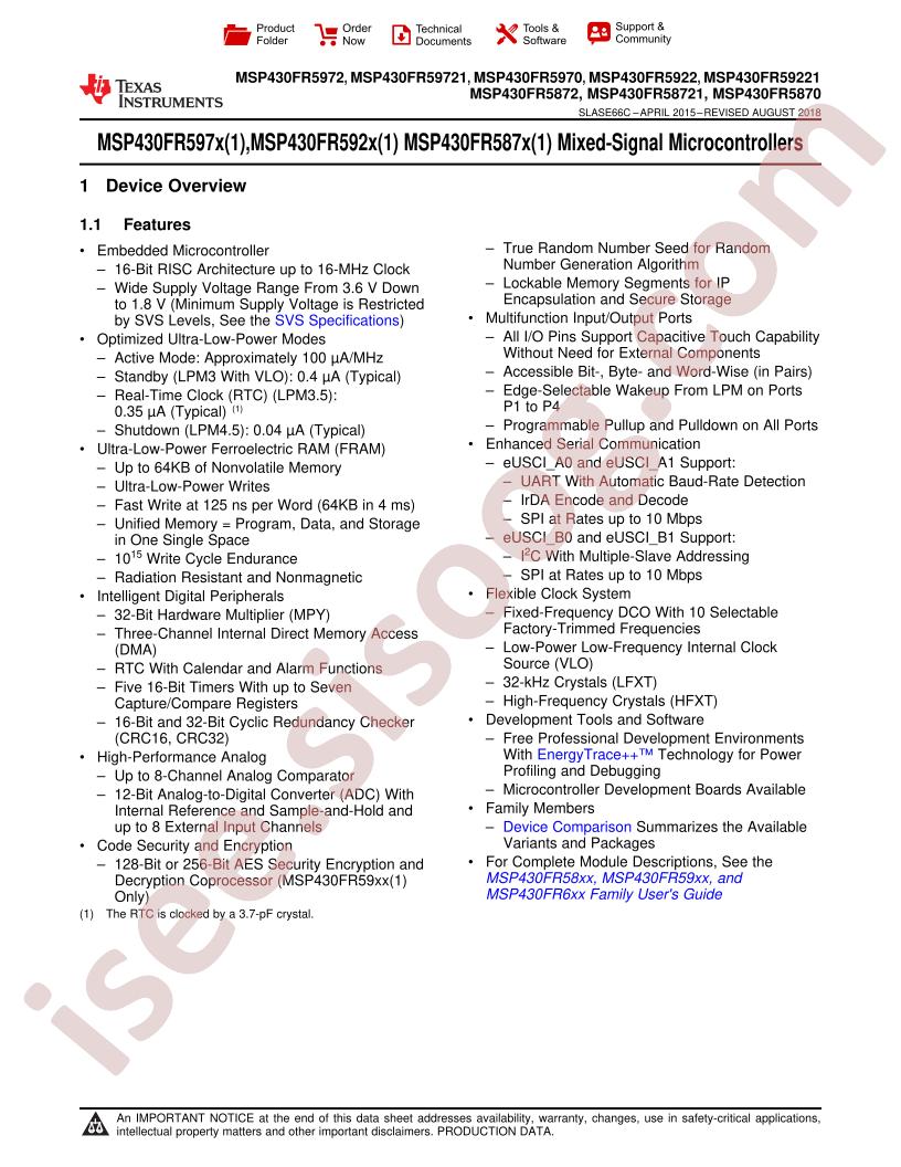MSP430FR587x, 592x, 597x Series Datasheet
