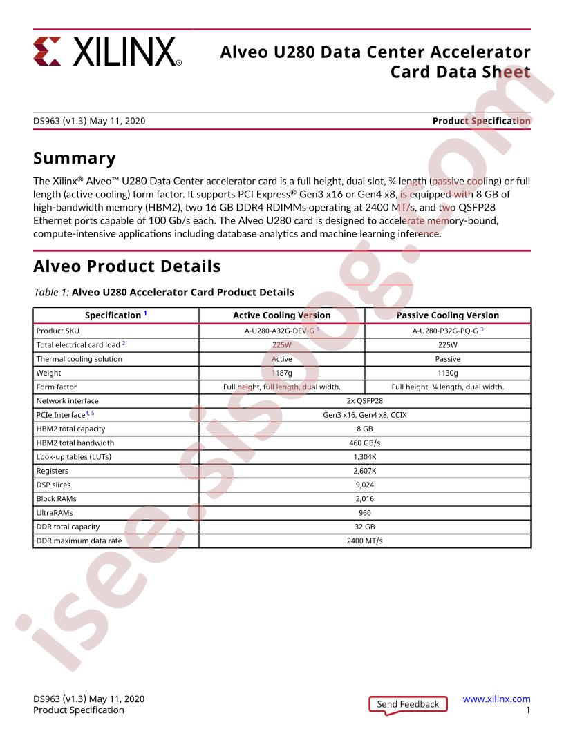Alveo U280 Data Center Accelerator Card Data Sheet