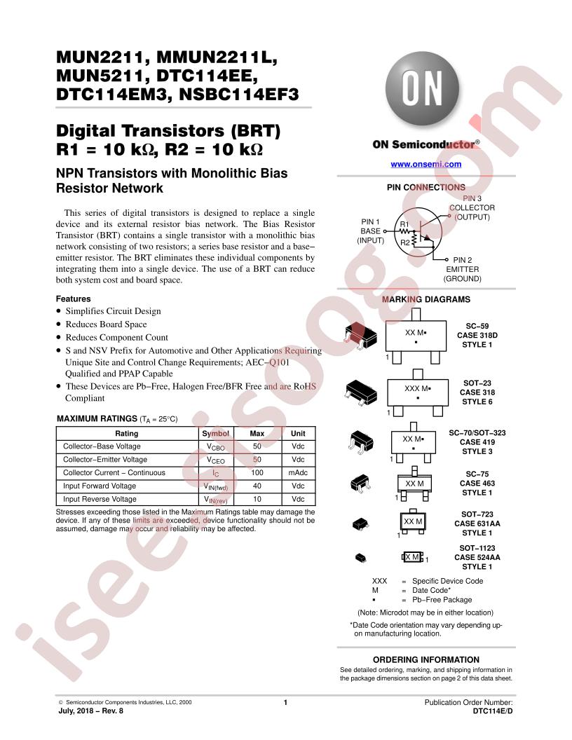 MUN(2,5)211, MMUN2211L, DTC114Exx, NSBC114EF3