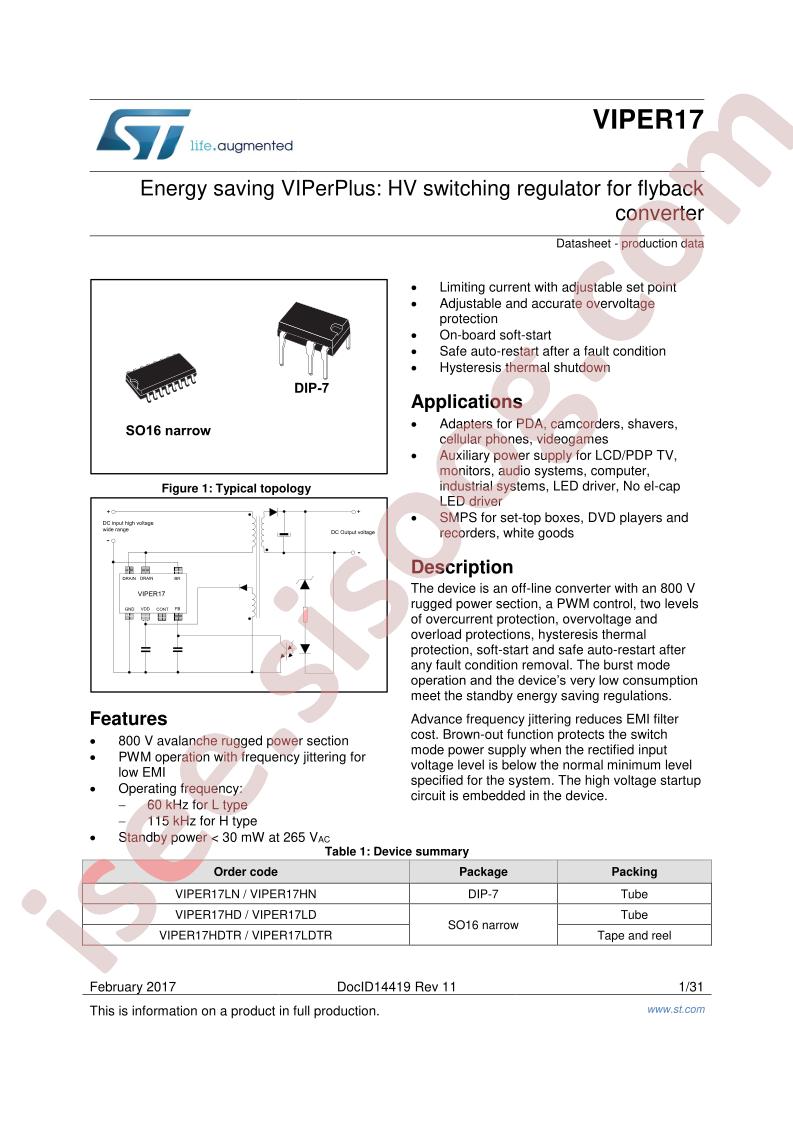 VIPER17 Datasheet