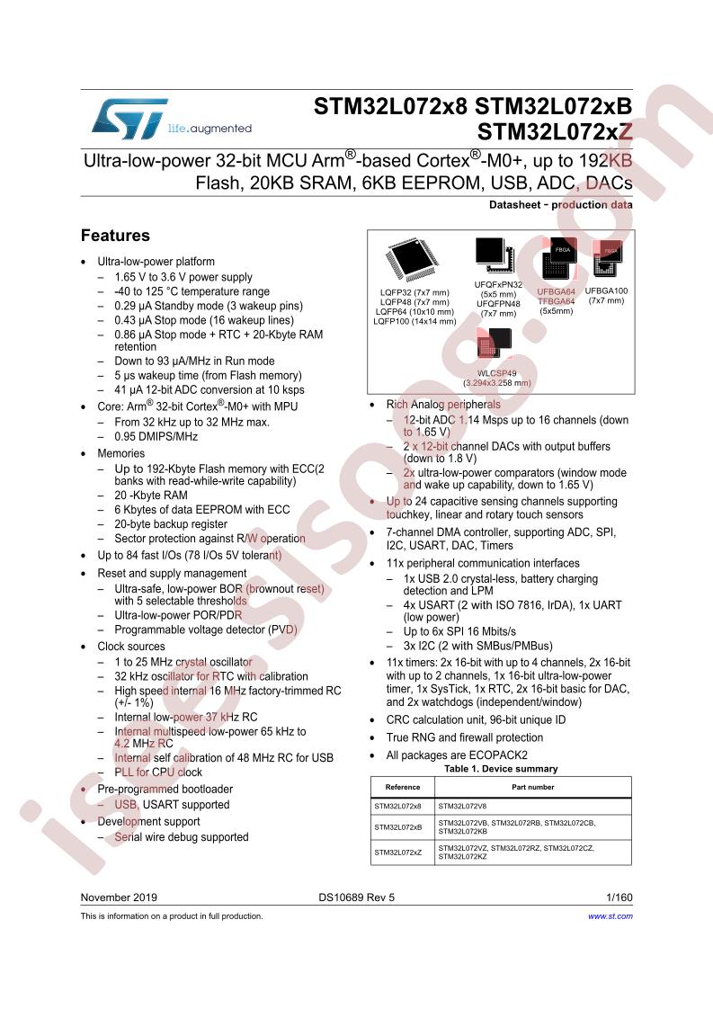 STM32L072x8,xB,xZ Datasheet