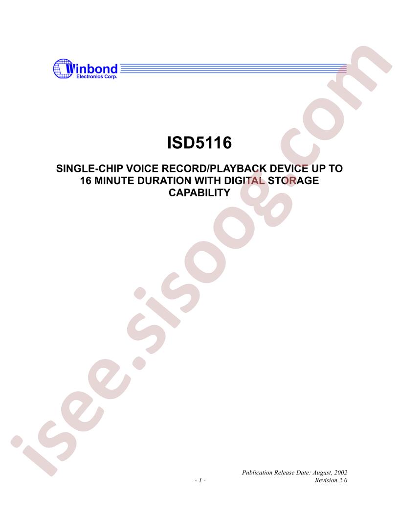 ISD5116 Single-Chip Voice Record/Playback Devices