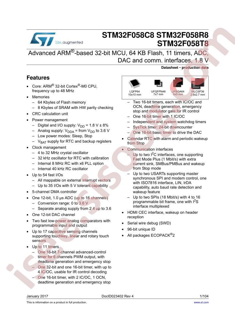 STM32F058C8, R8, T8 Datasheet