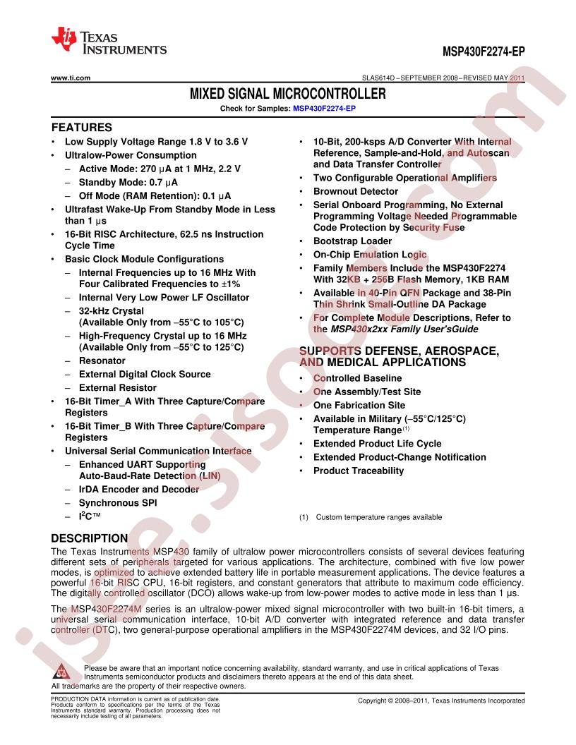 MSP430F2274-EP Datasheet