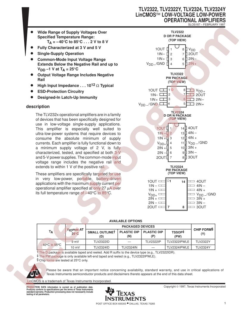 TLV2322/Y, TLV2324/Y
