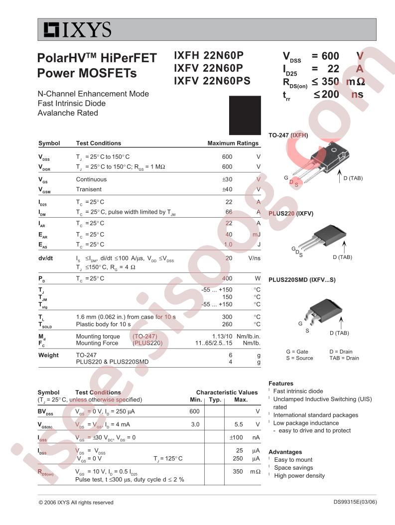 IXFH22N60P, IXFV22N60P/PS