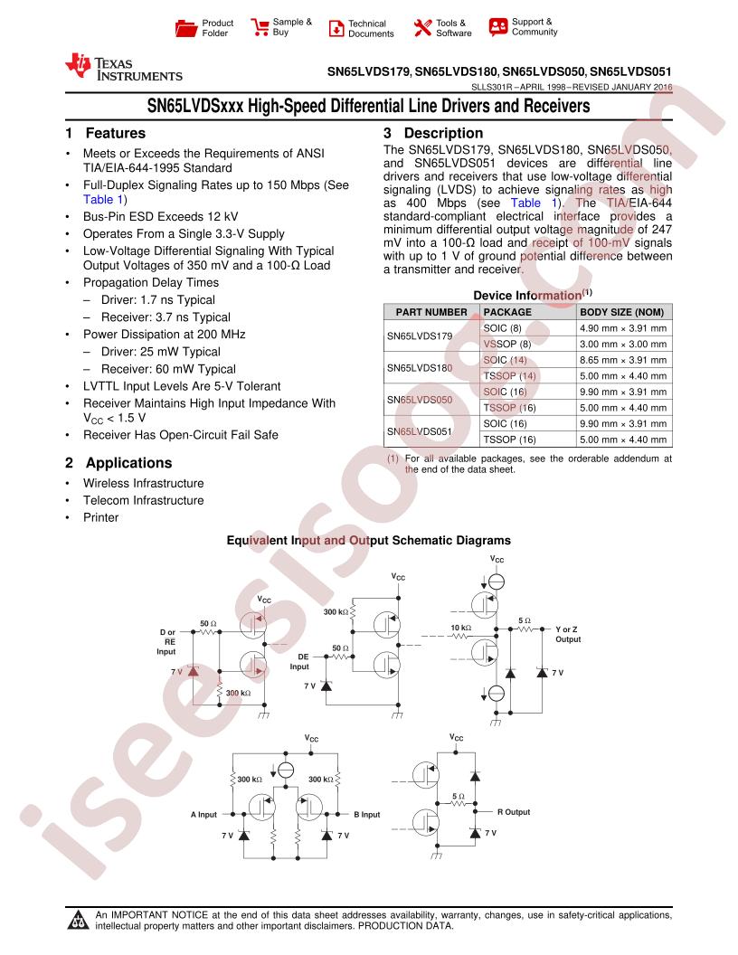 SN65LVDS179, 180, 050, 051 Datasheet