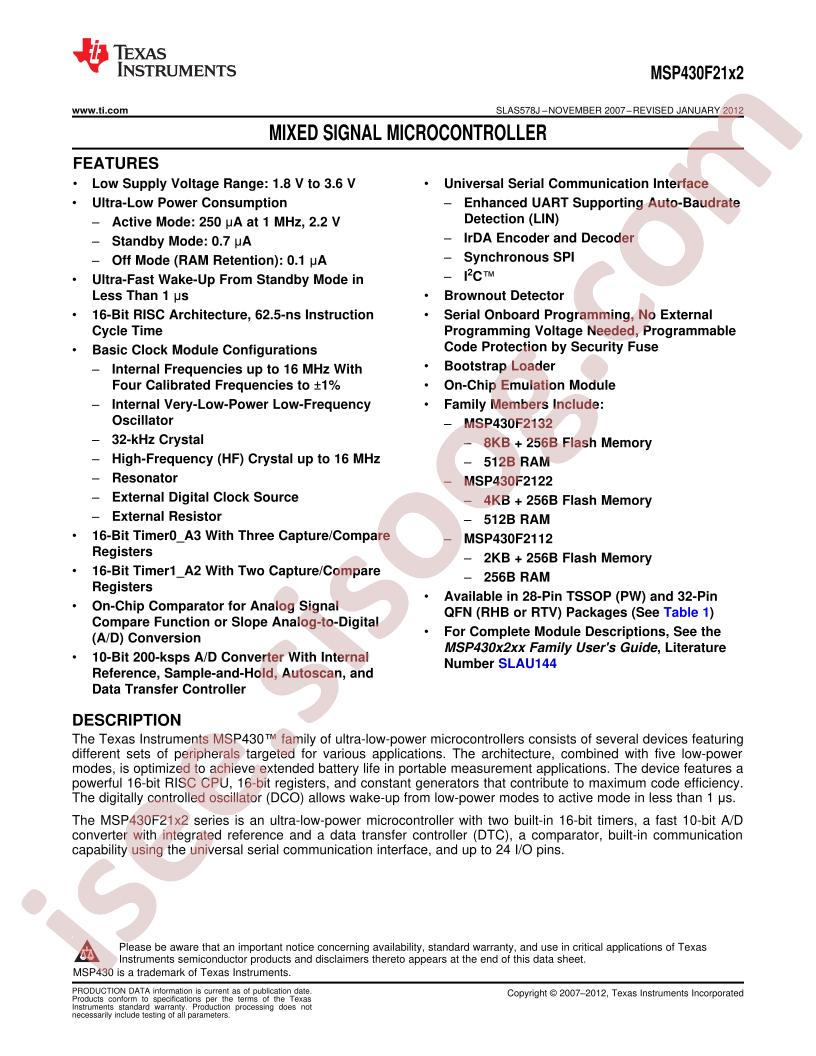 MSP430F21x2 Datasheet