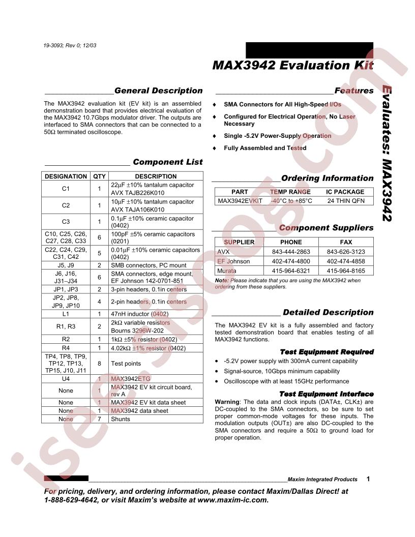 MAX3942 Eval. Kit