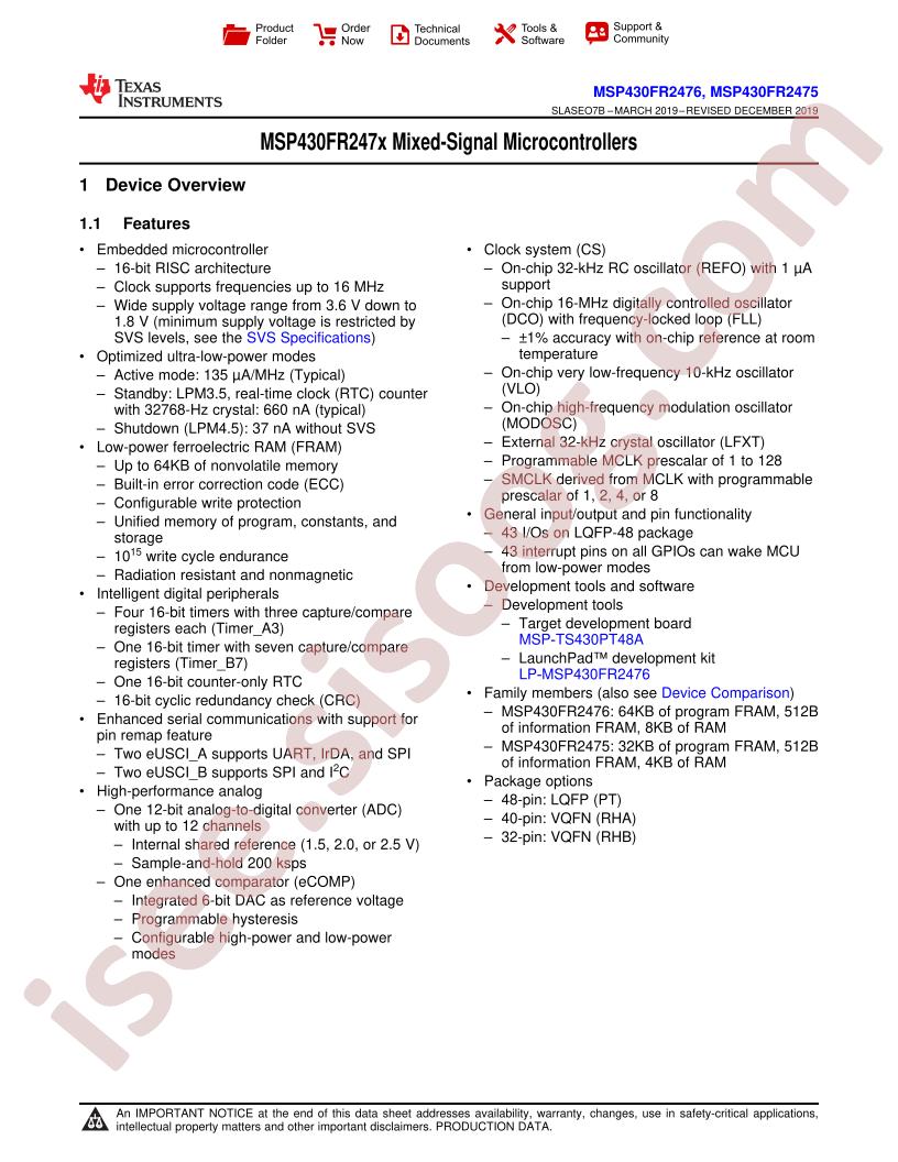 MSP430FR2476, MSP430FR2475 Datasheet