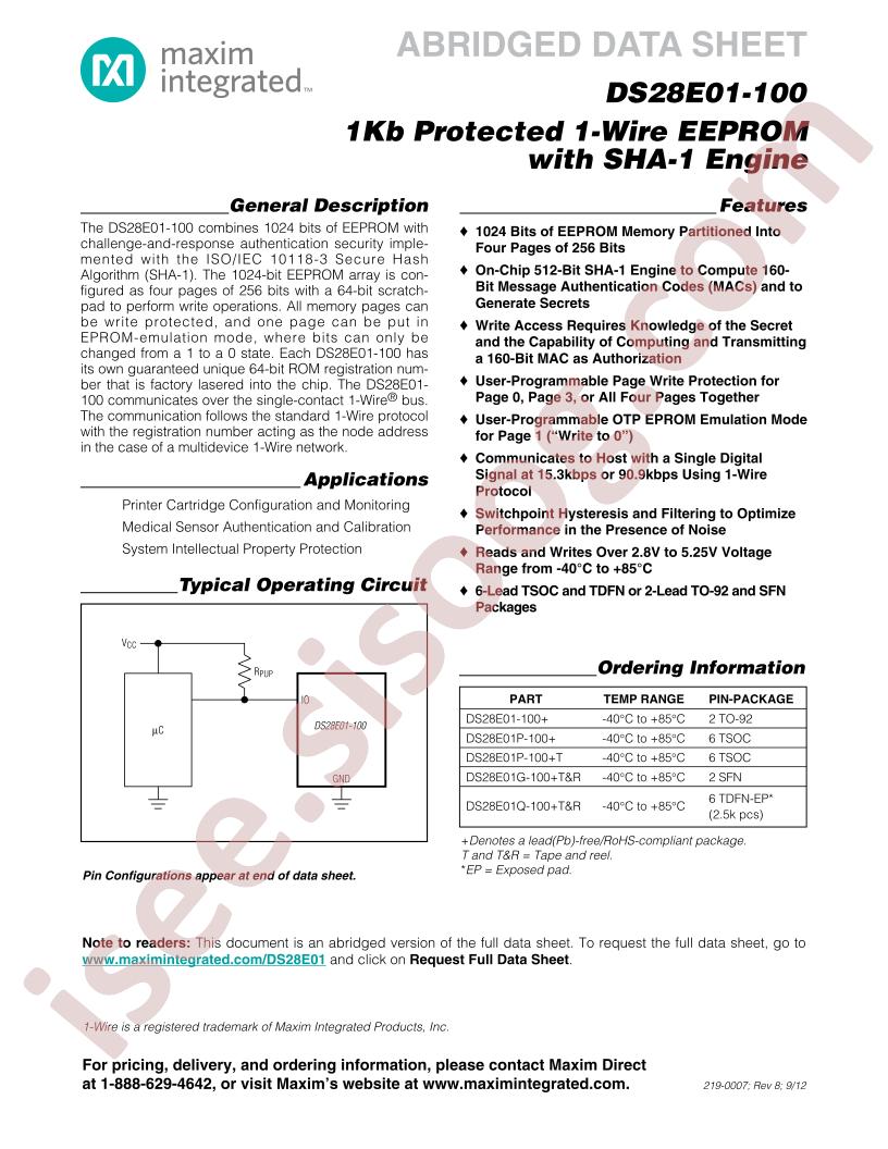 DS28E01-100 Abridged Datasheet