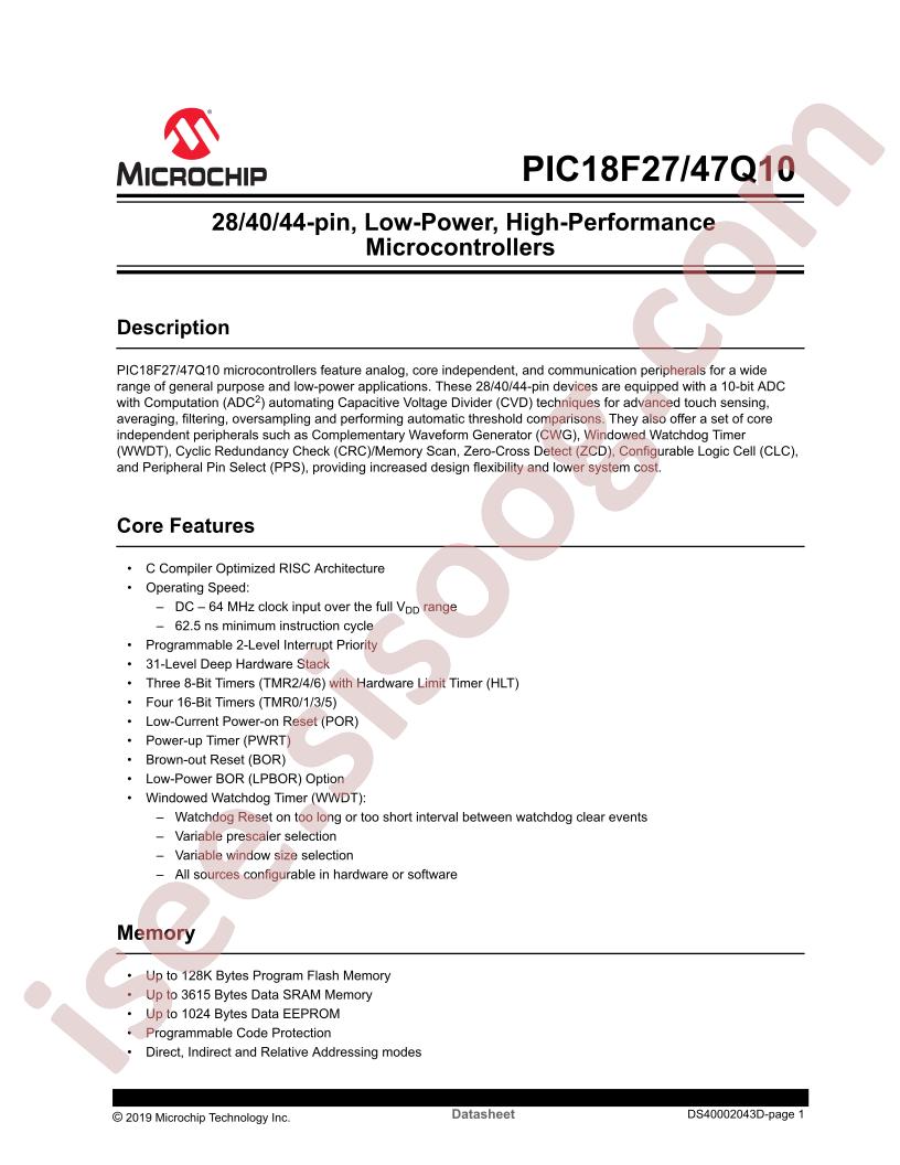 PIC18F27/47Q10 Datasheet