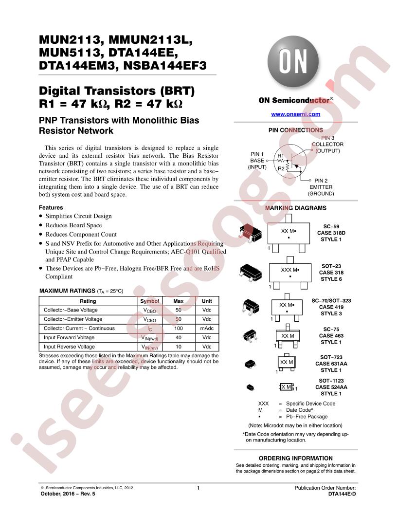 MUNx113, MMUN2113L, DTA144Exx, NSBA144EF3