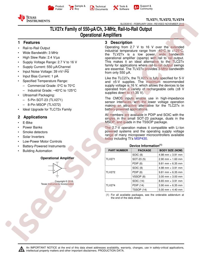 TLV271, 272, 274 Series Datasheet