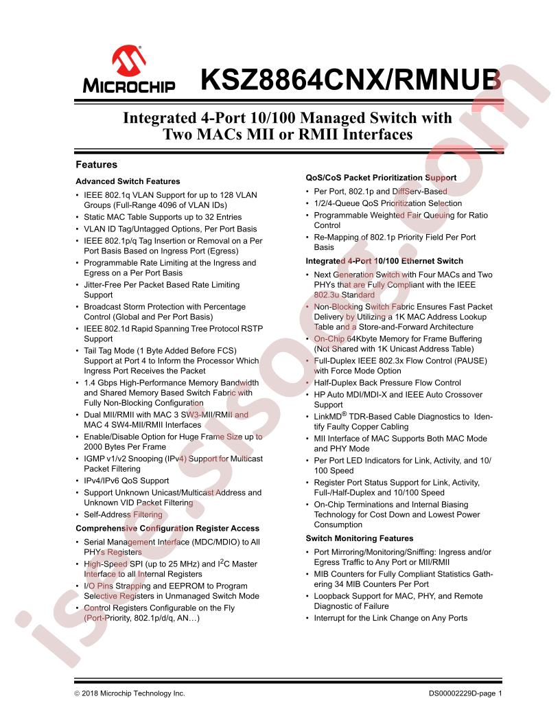 KSZ8864CNX, RMNUB Datasheet