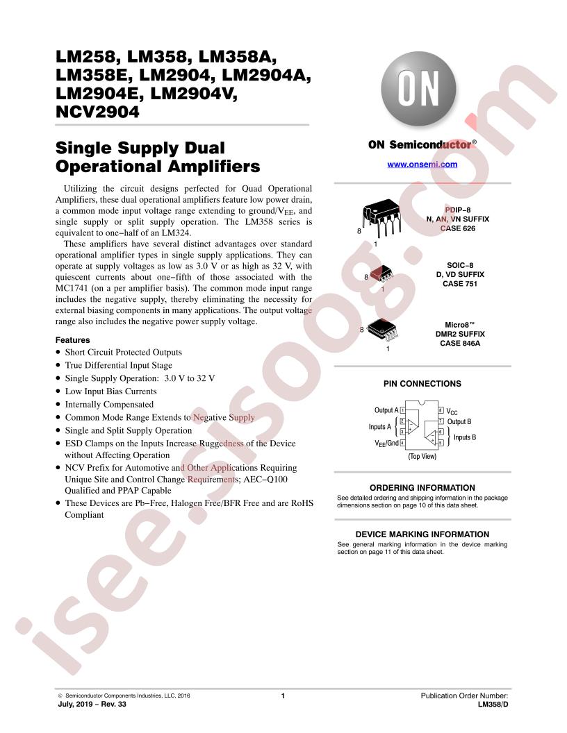 LM258, 358(A), 2904 (A,V), NCV2904 Datasheet