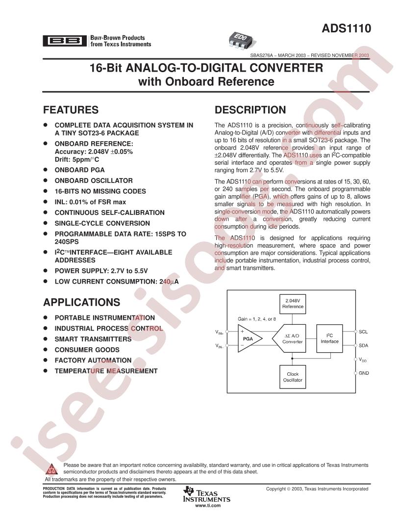 ADS1110 Datasheet