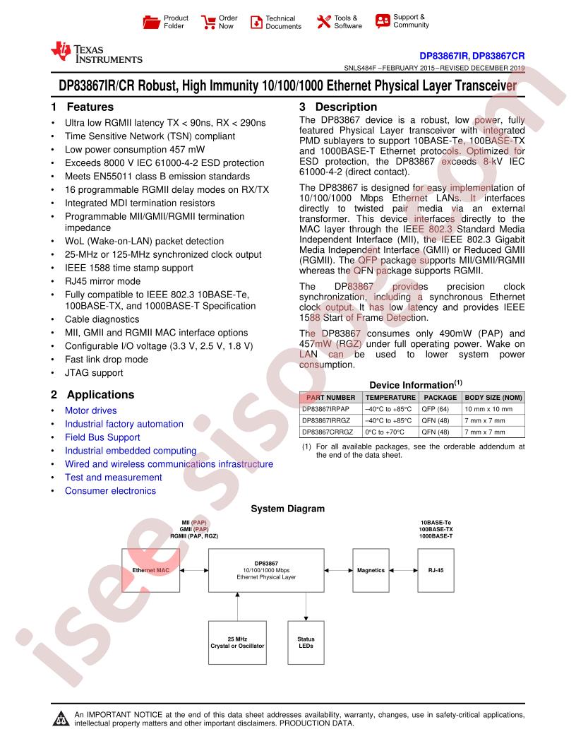 DP83867IR, DP83867CR Datasheet