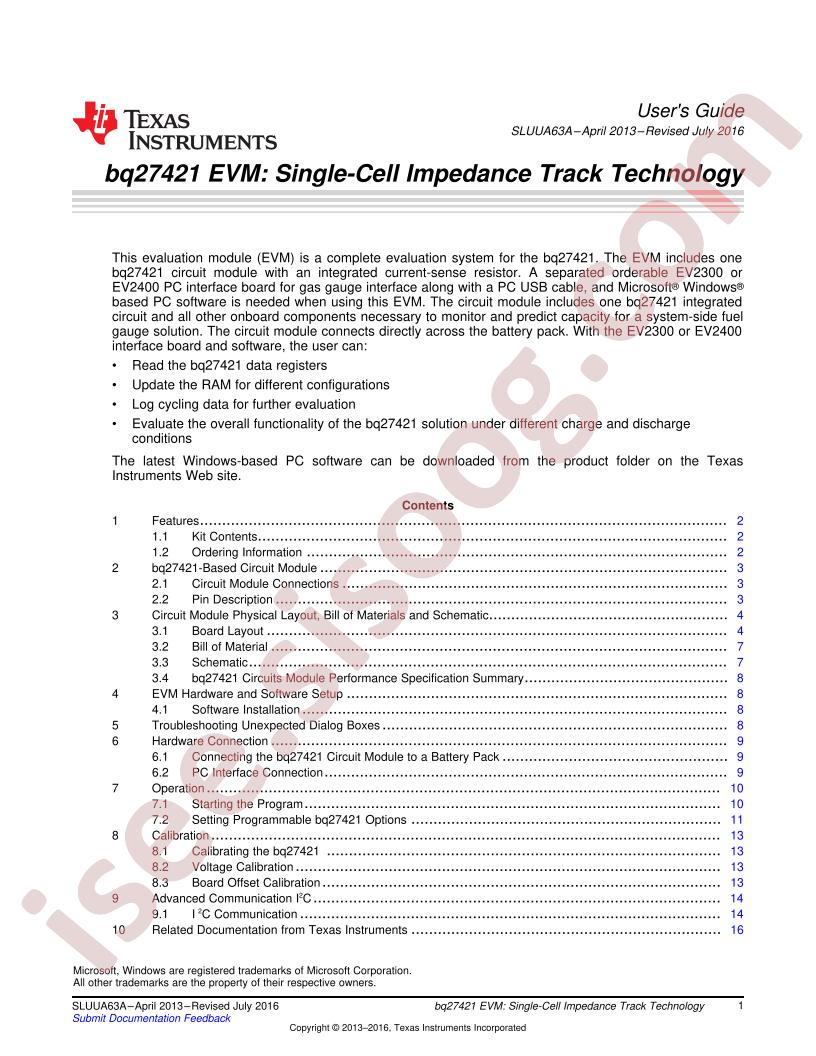 BQ27421EVM User Guide User Guide