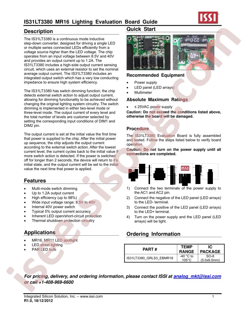 IS31LT3380 MR16 Eval Brd Guide