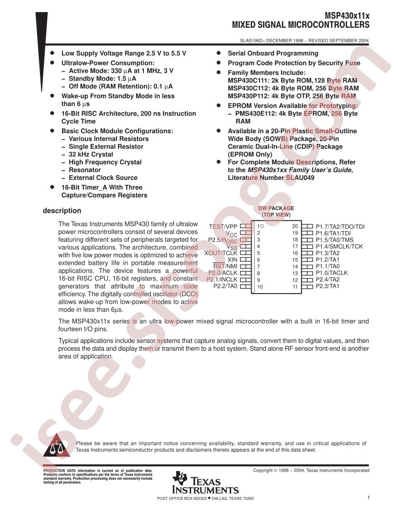 MSP430x11x Datasheet