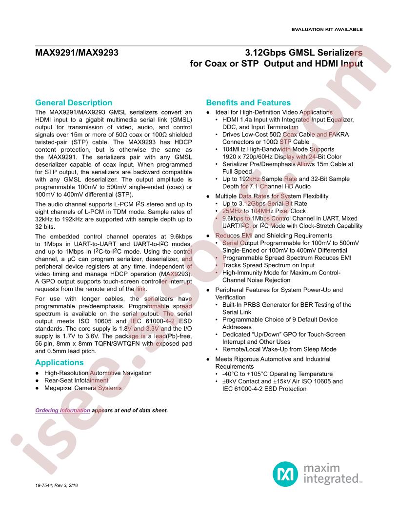 MAX9291,MAX9293 Datasheet