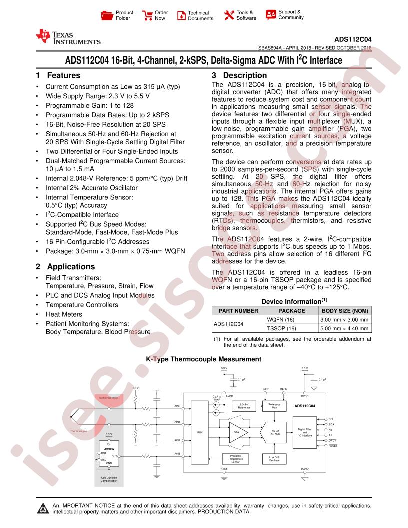 ADS112C04 Datasheet