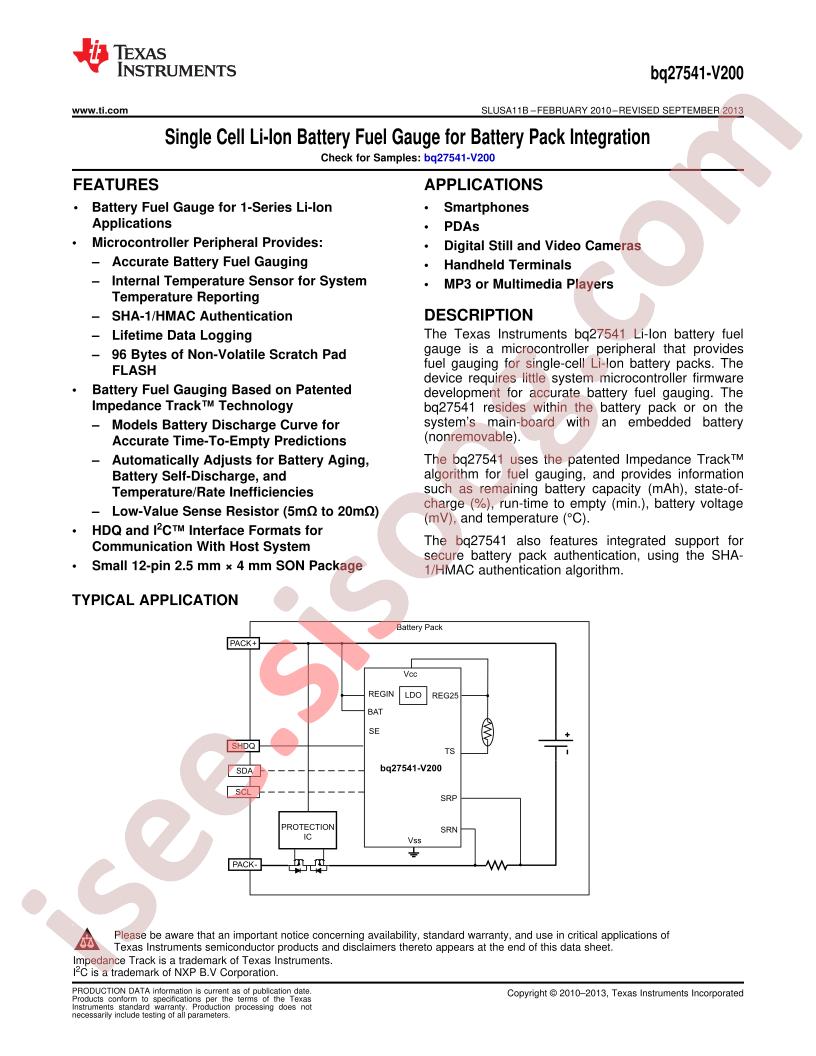 BQ27541-V200 Datasheet