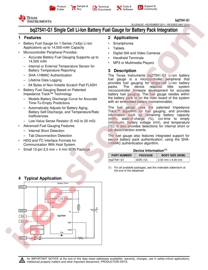 BQ27541-G1 Datasheet