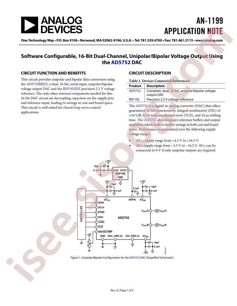 Software Configurable 16-Bit Dual-Channel Unipolar/Bipolar Voltage Output Using AD5752