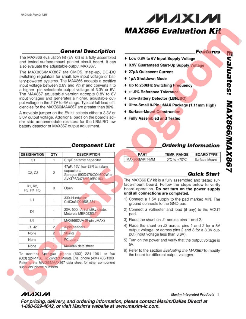 MAX866 Evaluation Kit