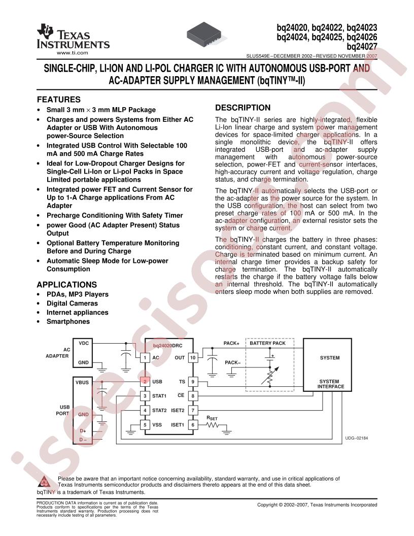 BQ24020, BQ24022 - BQ24027 Datasheet