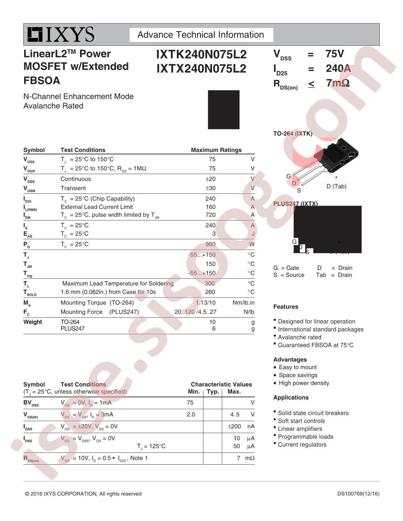 IXTK240N075L2, IXTX240N075L2