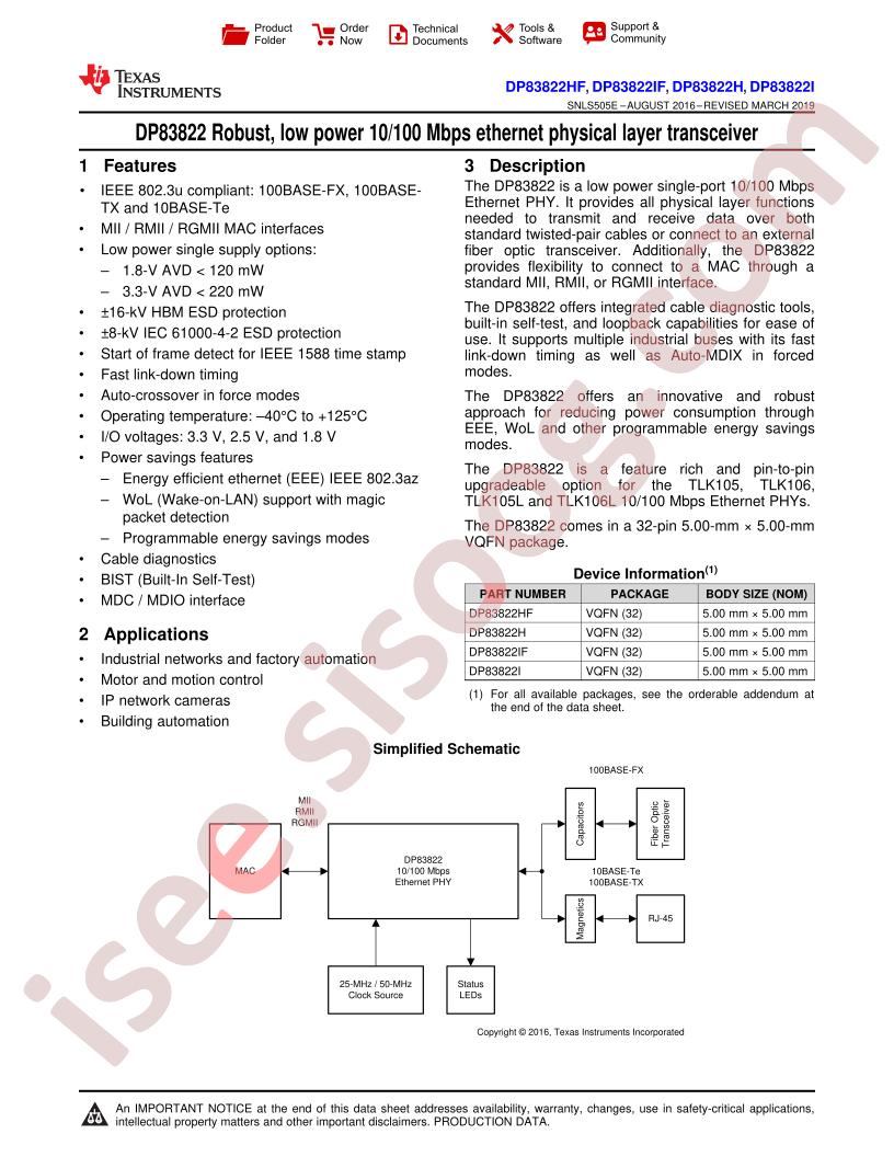 DP83822H(F), DP83822I(F) Datasheet