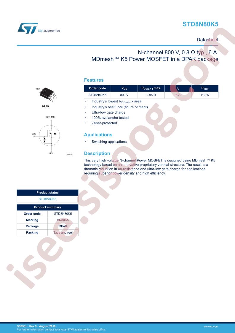 STD8N80K5 Datasheet