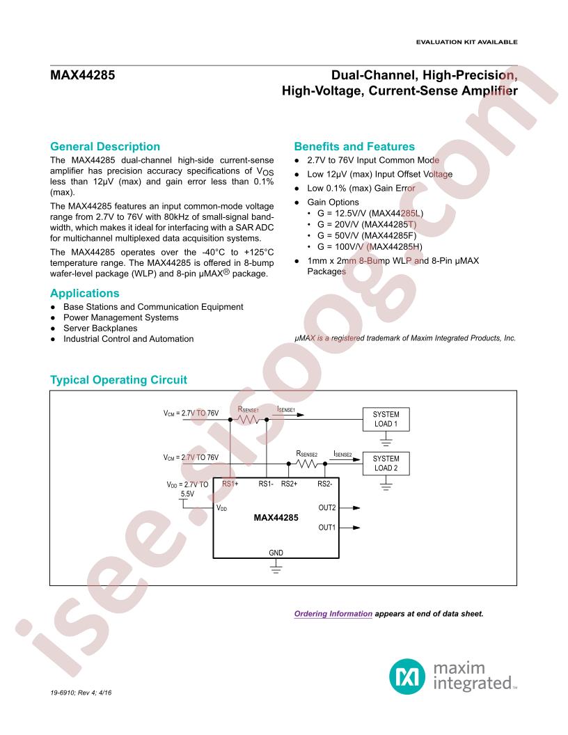 MAX44285 Datasheet