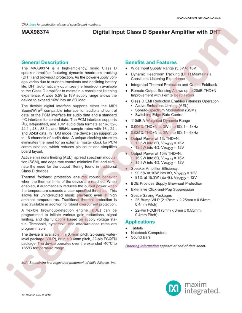 MAX98374 Datasheet